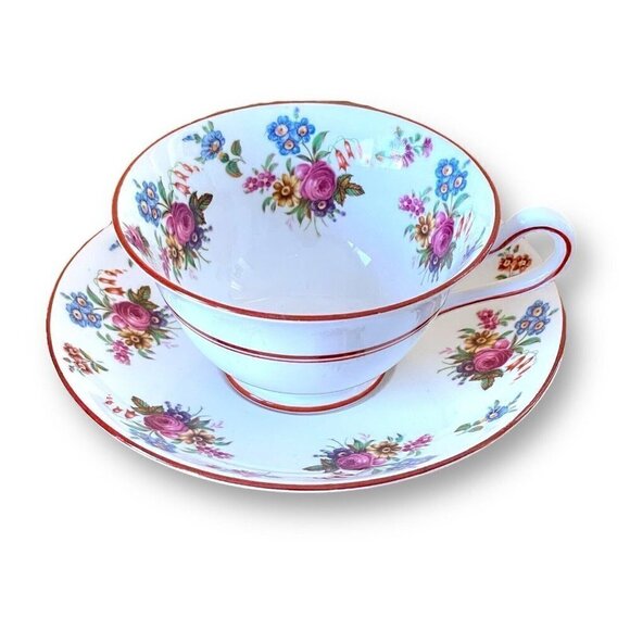 Vintage Grosvenor Bone China Teacup & Saucer Jackson & Gosling White Red Floral - Picture 1 of 14